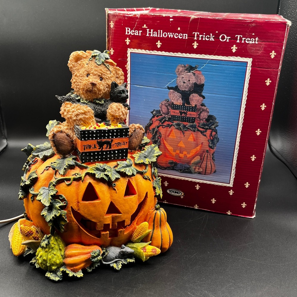 Youngs Bear Halloween Trick Or Treat Lighted Pumpkin Figurine Jack-O-Lantern Box